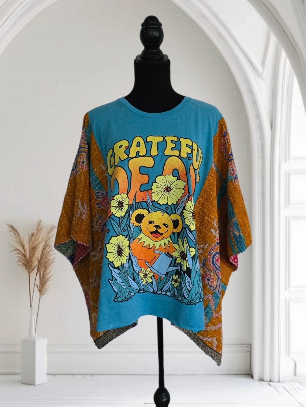 Upcycled Grateful Dead Band Tee With Kantha Sleeves, OS - Picture 2 of 7